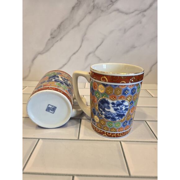 Kozan Gama Japan Imari Mugs Mino Ware Foo Dog Floral Pattern 10oz Set Of 2 GUC - Picture 9 of 13
